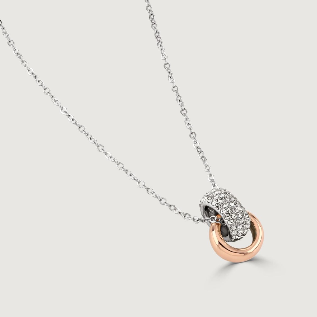 The polished crystal two-tone duo pendant is a bestseller. The pairing of the two-tone plating and crystals, allows this to be an everyday favourite.