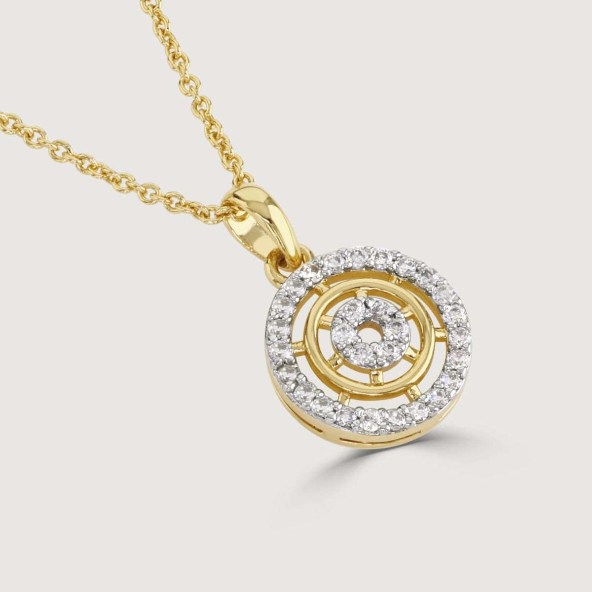 Elevate elegance with our Two-Tone Pave Halo Necklace. A mesmerising wheel adorned with dual-tone pave cubic zirconia stones encases a captivating gold wheel. Its core boasts a cubic zirconia halo doughnut. 