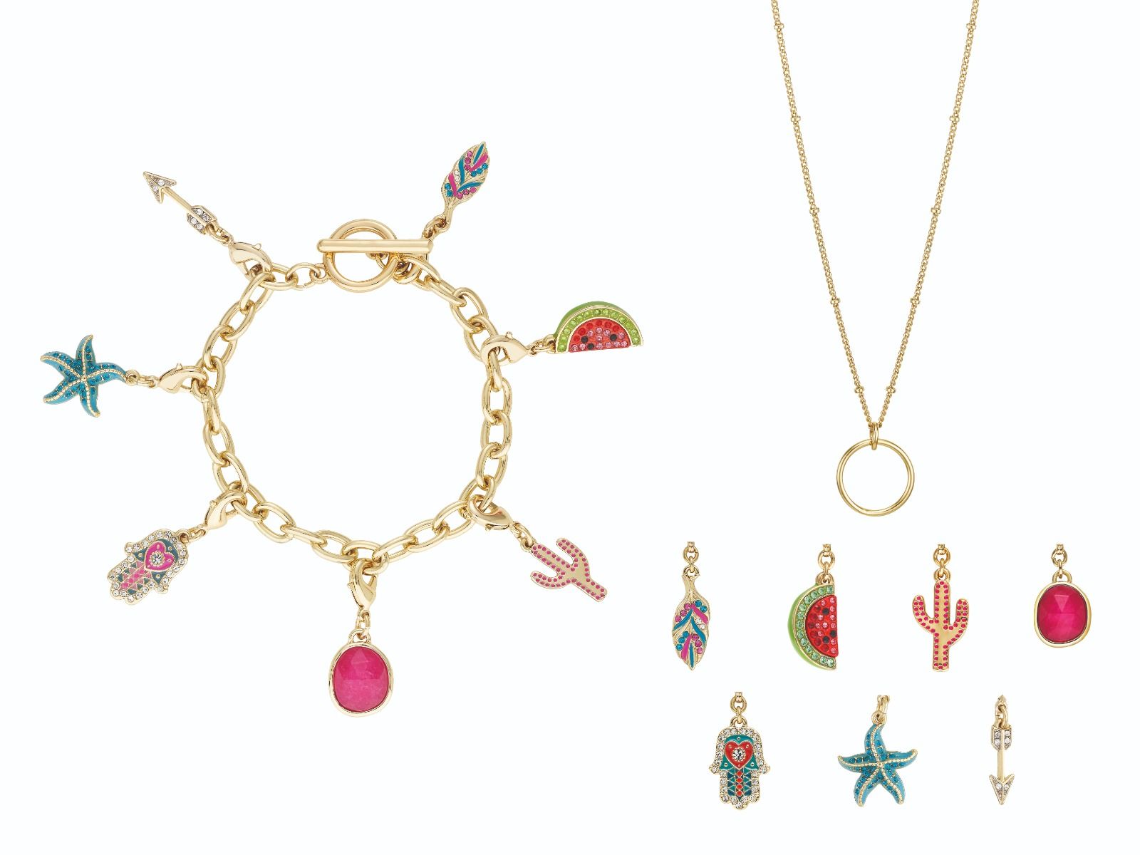 Our beautiful and summery Tropical Charm Bracelet and Pendant set. Packaged in a Buckley London box.