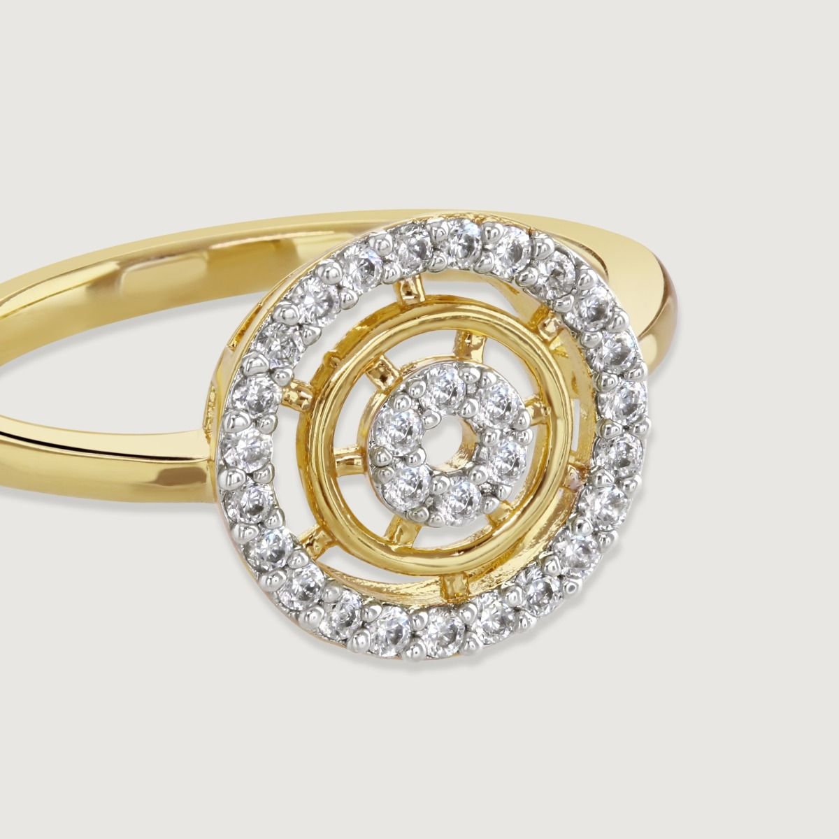 Elevate elegance with our Two-Tone Pave Halo Ring. A mesmerising wheel adorned with dual-tone pave cubic zirconia stones encases a captivating gold wheel. Its core boasts a cubic zirconia halo doughnut. A harmonious blend of sophistication and charm, perf