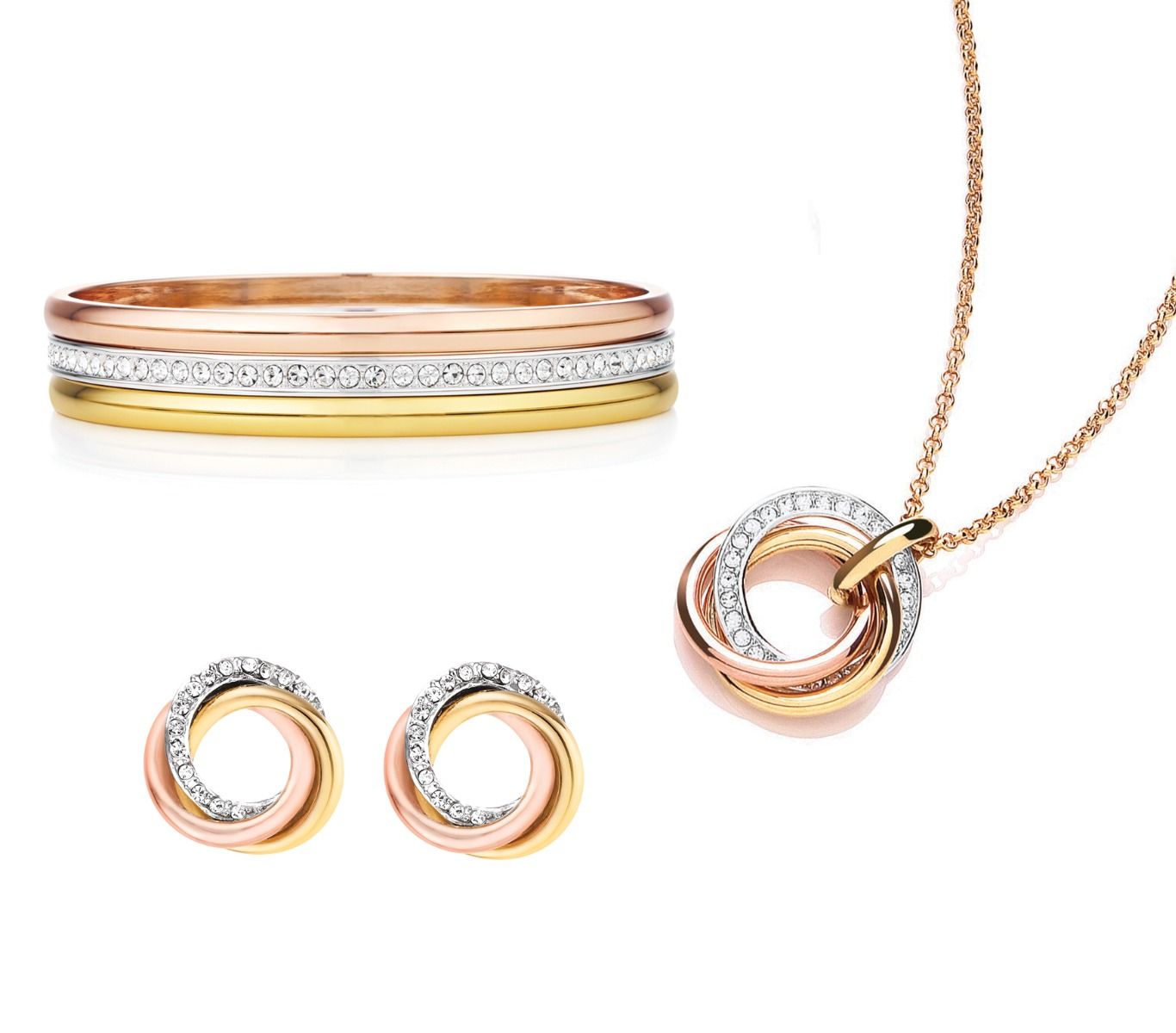 Our famous trilogy pendant, bangle and earrings mixed together to create a timeless set. Packaged in a Buckley London box.
