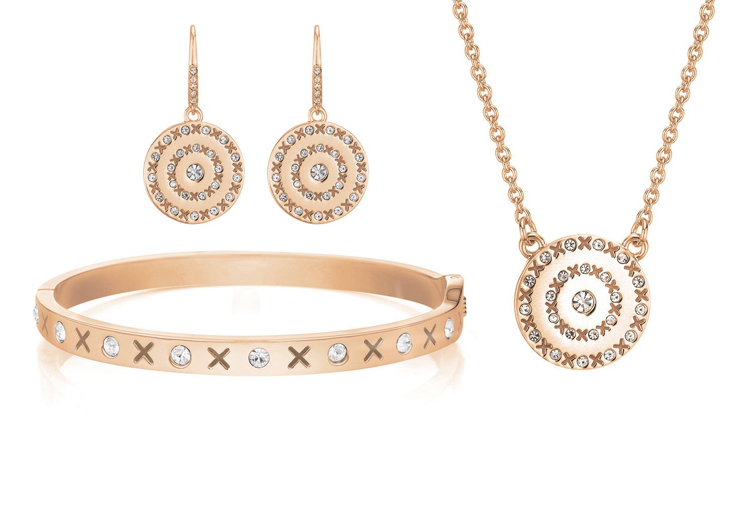 XO Pendant, Bangle and Earring set. Packaged in a Buckley London box.