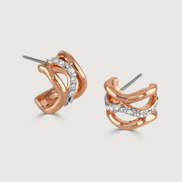 Modern and luxurious, the Bayswater half-hoop earrings are designed with soft swirls of champagne rose gold and rhodium-plated bands finished with subtle white crystal details. 