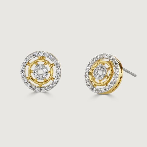 Elevate elegance with our Two-Tone Pave Halo Stud Earrings. A mesmerising wheel adorned with dual-tone pave cubic zirconia stones encases a captivating gold wheel. Its core boasts a cubic zirconia halo doughnut. 