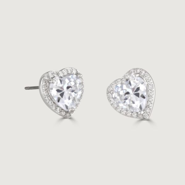 These beautiful heart stud earrings are set with flawlessly cut cubic zirconia stones. The dazzling heart shaped clear centre stone is accentuated with a halo of sparkling cubic zirconia stones. 