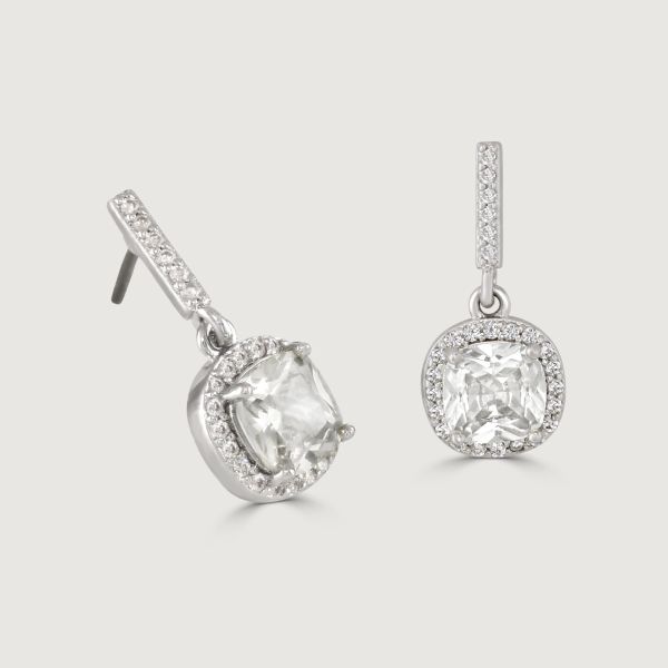 These striking stud drop earrings are set with flawlessly cut cubic zirconia stones, surrounding a dazzling clear cushion cut centre stone. Wear to add timeless glamour to any look.