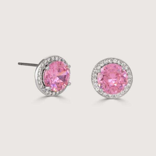 These dazzling stud earrings are set with a halo of flawlessly cut cubic zirconia stones, surrounding a sparkling round pink centre stone. Wear to add timeless glamour to any look.