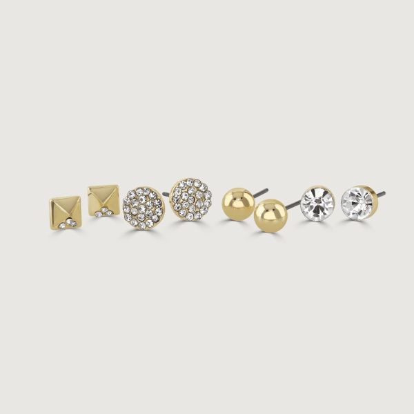 Revitalise your earring collection with this stunning Gold Four Piece Earring Pack. It includes a variety of styles, such as plain studs for a classic touch, sparkling crystal earrings for added glamour, and square-shaped earrings for a modern twist. 