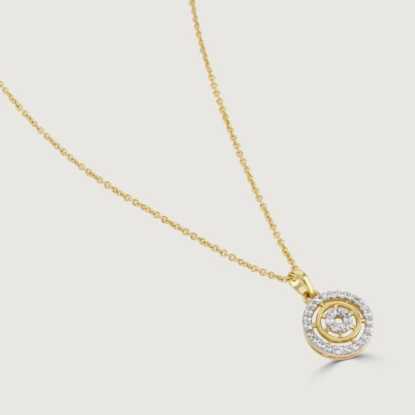 Elevate elegance with our Two-Tone Pave Halo Necklace. A mesmerising wheel adorned with dual-tone pave cubic zirconia stones encases a captivating gold wheel. Its core boasts a cubic zirconia halo doughnut. 