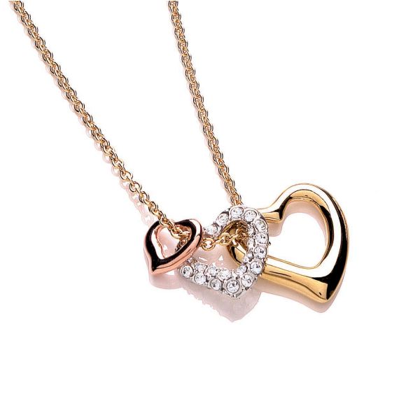 18k Yellow & Rose Gold & Rhodium Plated Clear Crystal Trio Heart Pendant