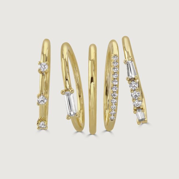 The 5 Piece Stacking Ring Set pairs a plain band with an array of crystal arrangements. These are the ultimate bestseller, as it allows you to wear each ring separately and mix and match. 