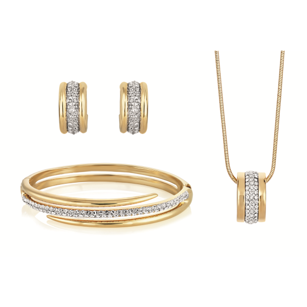 Simple and chic, this three piece Aspire set is the perfect accessory for any outfit. The sleek design features shimmering pave set crystals set into rhodium plating, wrapped between two bands of polished gold plate. Set contains bangle, pendant and earri
